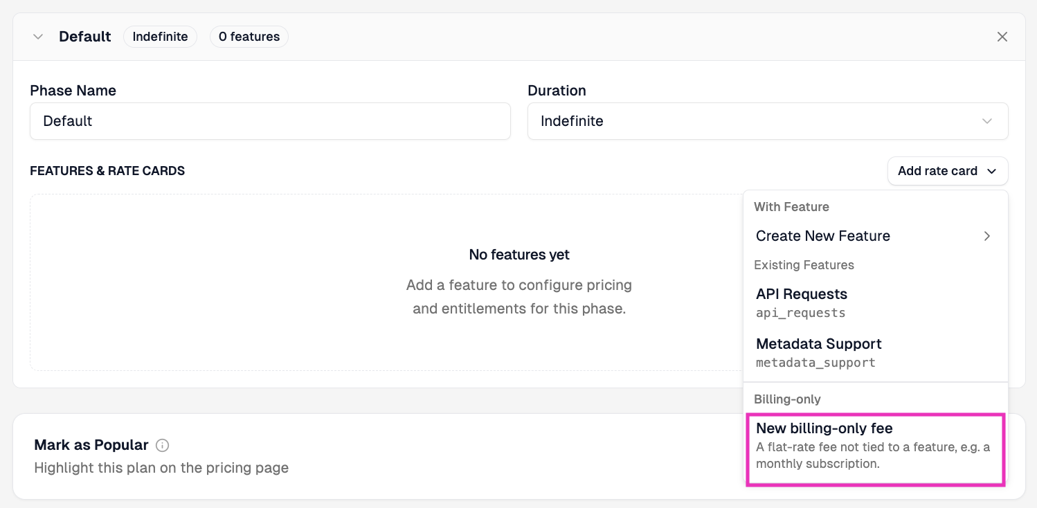 The Add rate card dropdown with the New billing-only fee option