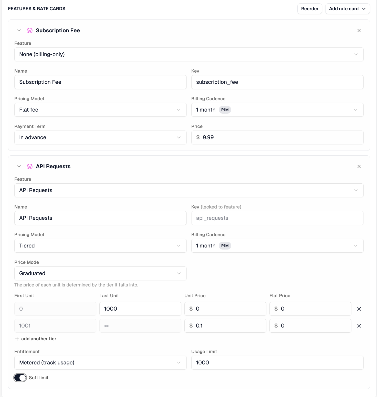 A completed features and rate cards section